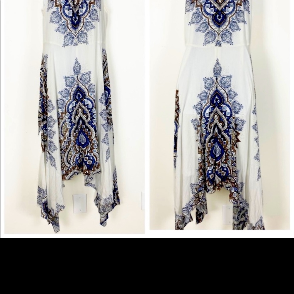 Chico's White Asymmetrical Dress with Blue and Brown Paisley Print
